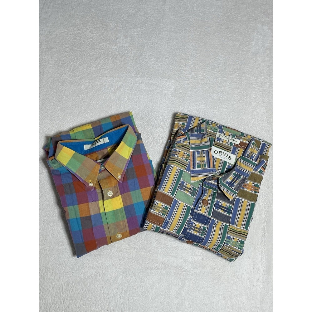 Orvis Mens Button Down Shirt's Lot Of 2 Large Multicolor Plaid Short Sleeve Y2K